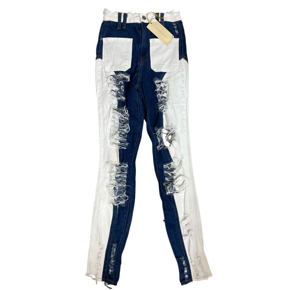 Aphrodite Colorblock Distressed Skinny Jeans White Blue High Rise Size 3/26